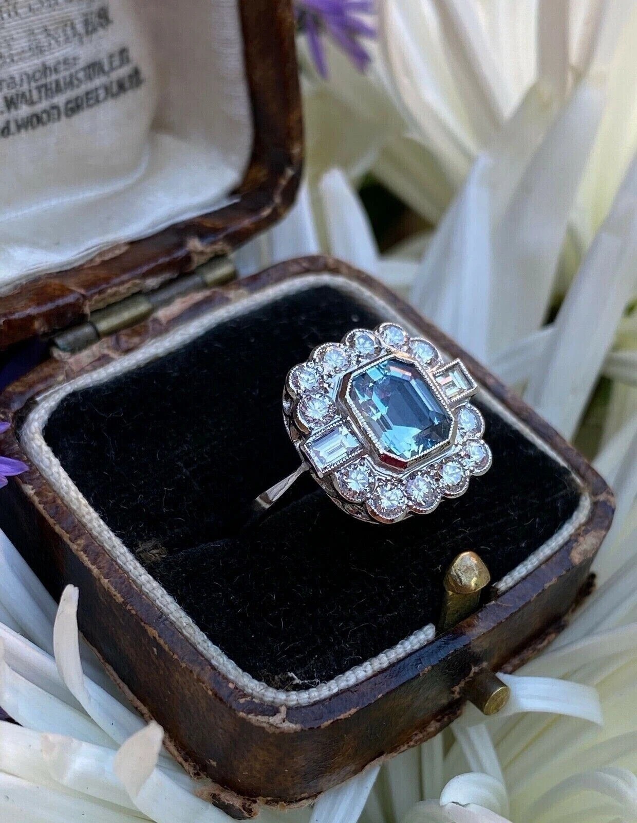 4Ct Art Deco Style Aquamarine Lab Created Diamond Wedding 14K White Gold FN Ring