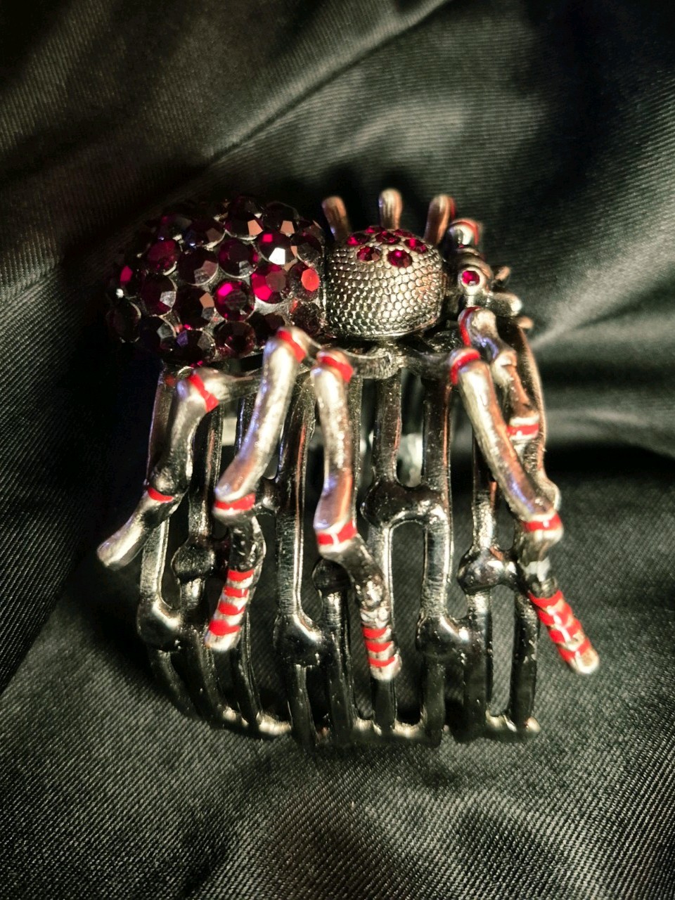 Vintage Spider Statement Ruby Red Rhinestones Silver Adjustable Cuff Bracelet