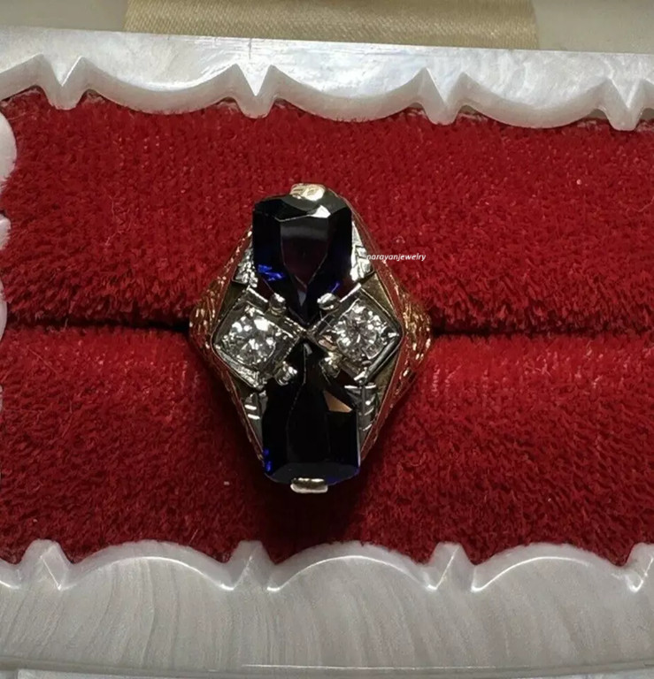 Navette 3Ct Sapphire Lab Created Old Century Vintage Ring 14K White Gold Plated