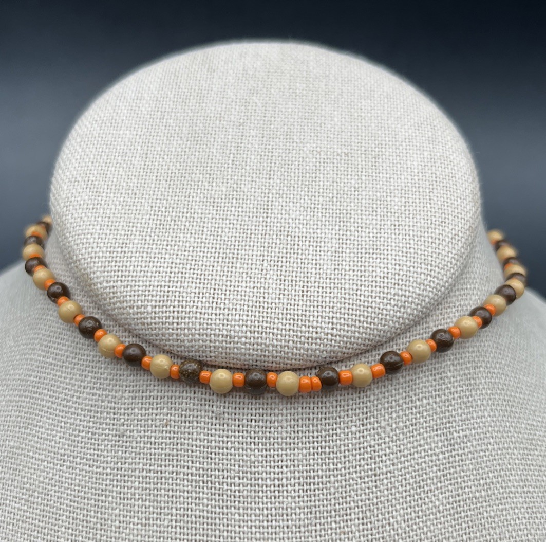 Dainty 90s Beaded Stretch Choker Collar Necklace Natural Tone Brown Orange Boho