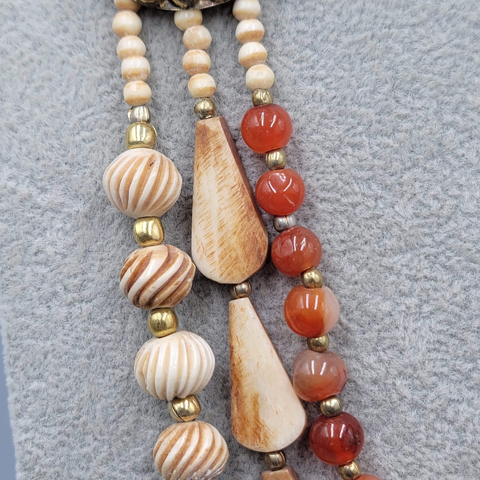 Vintage Ethnic African Bead Necklace Bovine Cow Bone Brass Carnelian Stone