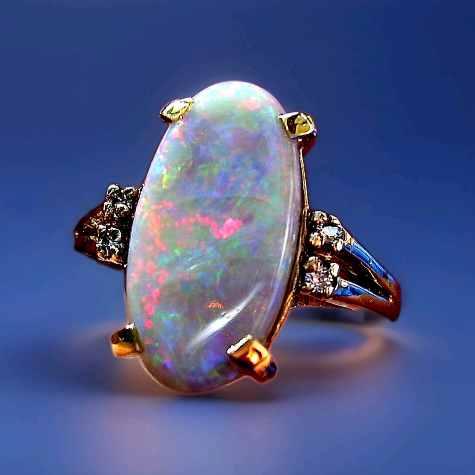 Original EARTH MINED OPAL DIAMOND Deco Engagement Ring SOLID 14K GOLD Solitaire