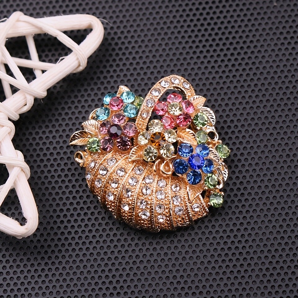 Vintage Gold and Silver Flower Basket Bouquet Rhinestone Crystal Brooches Pins