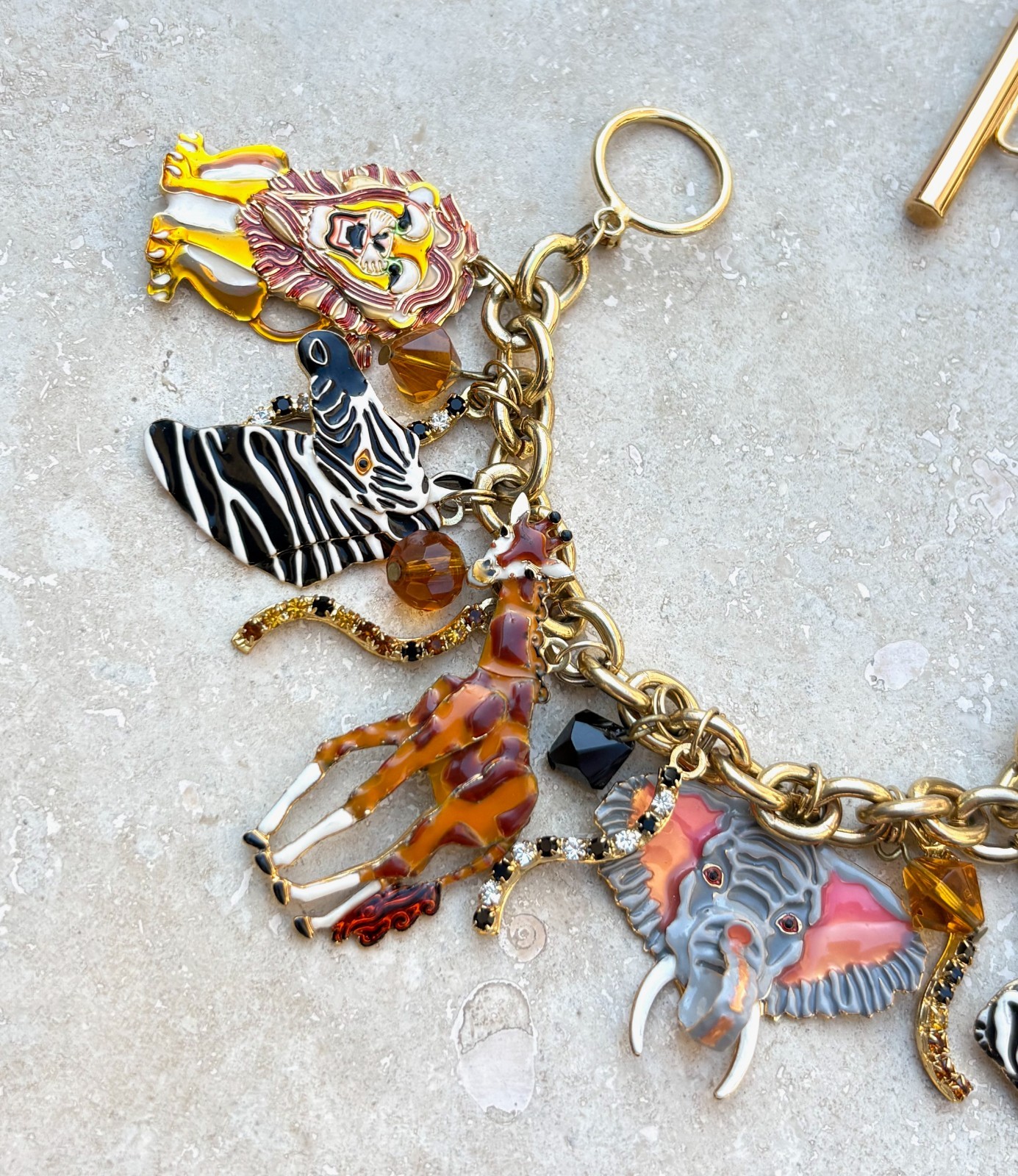 LUNCH AT THE RITZ Signed Safari Animals Charm Bracelet Enamel Rhinestones