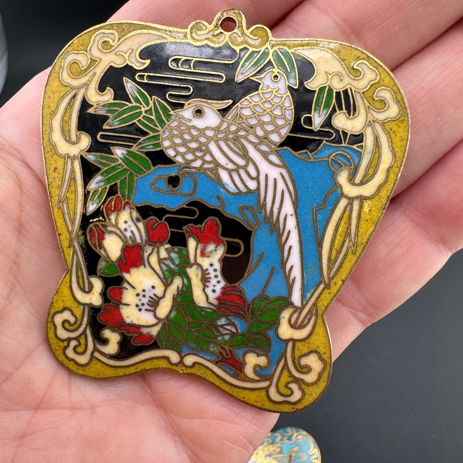 Vintage Cloisonne Enamel Pendant Lot LG Heavy Medallions Puffy Peacock WWII 71st
