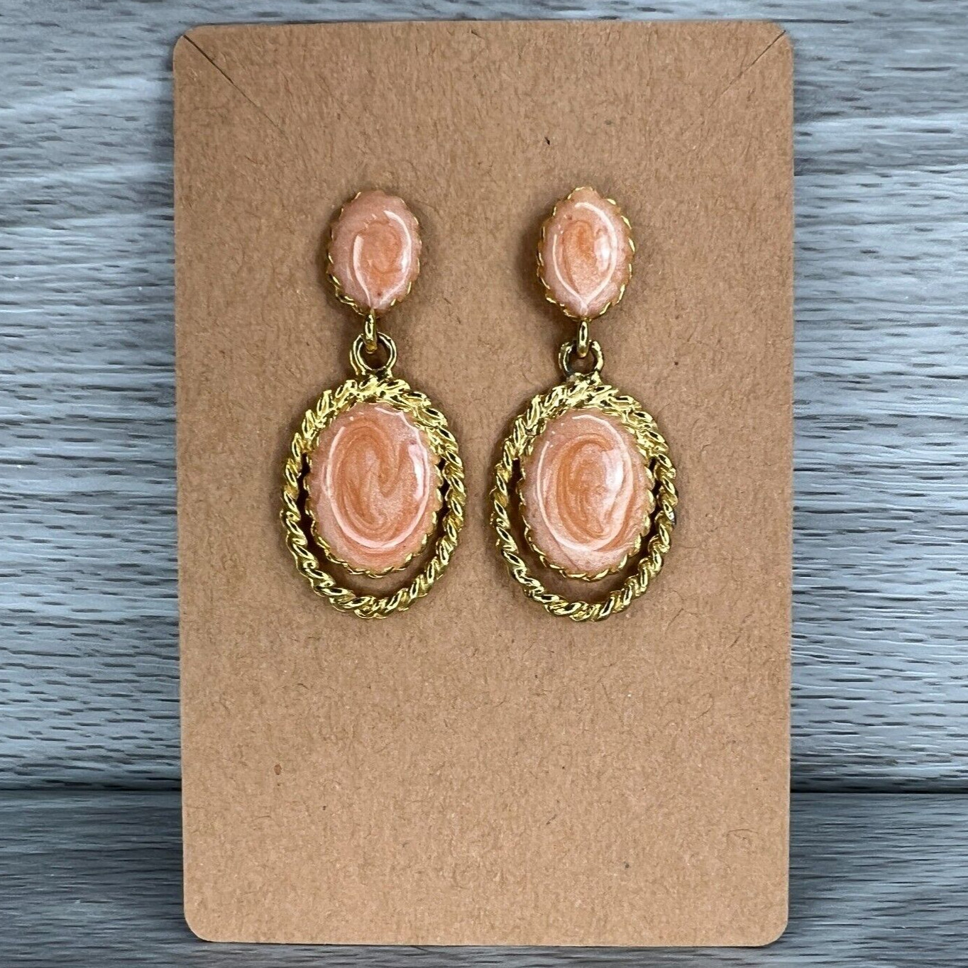 Vintage Earrings Fashion Jewelry Retro Peach Swirl Costume Stud Dangle Oval Used