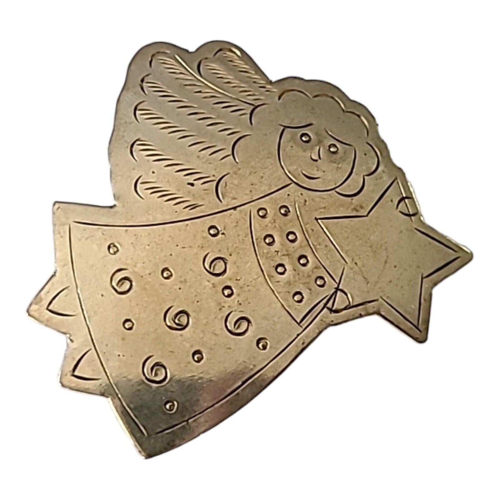 Silver Tone Etched Angel Holding Star Metal Christmas Brooch Pin 2″