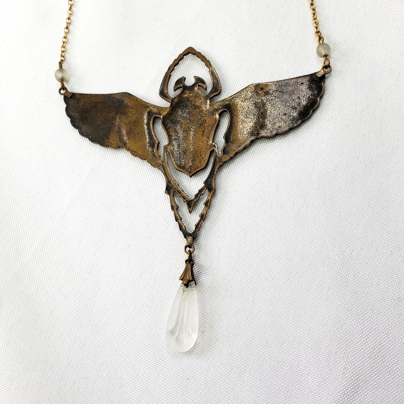 Vintage Brass Scarab Beetle Pendant Necklace Egyptian Revival jewelry 21″