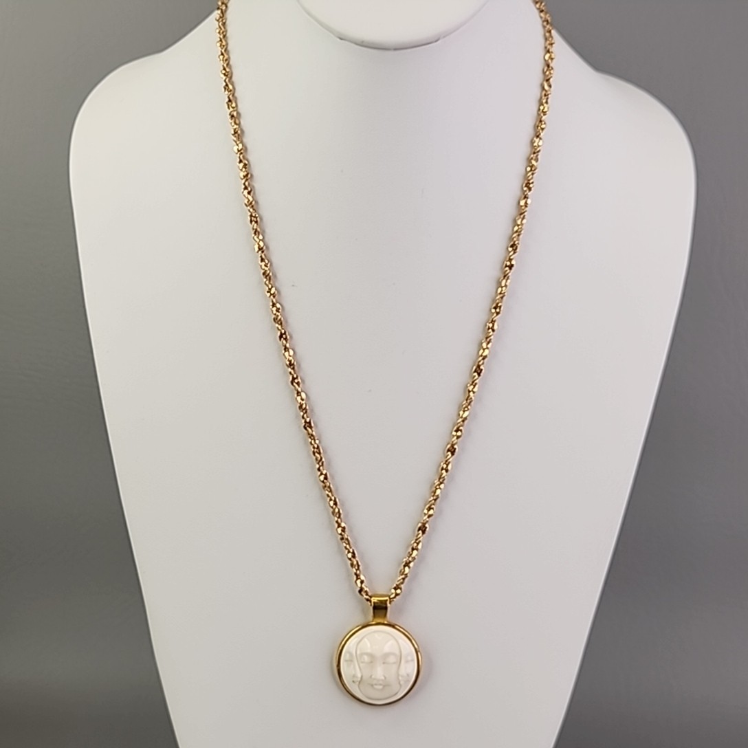 Vintage Triple Moon Face Pendant Necklace Crisscross Gold Tone Chain 22″