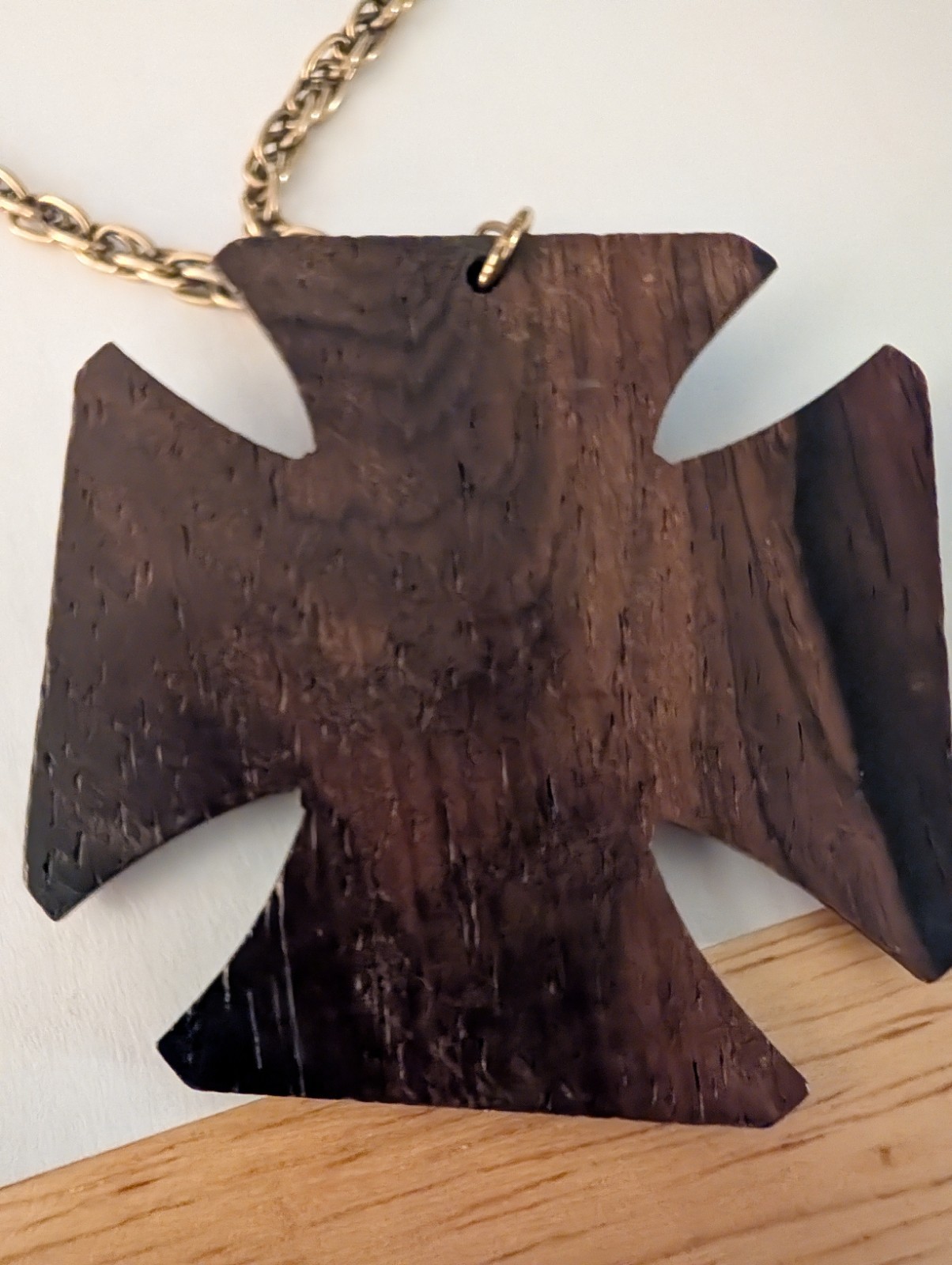 Vintage 1970s Wood Iron Cross Necklace Surfer Biker Large Pendant Brass Inlay…