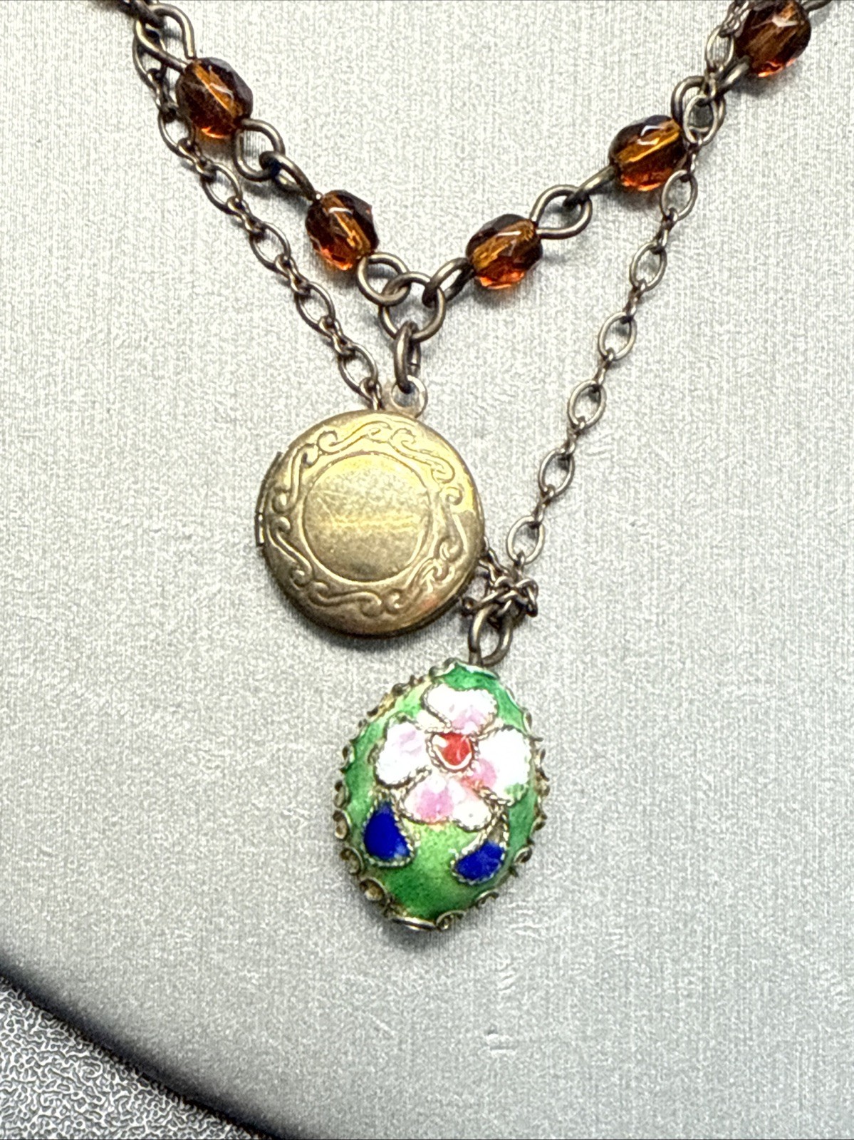 Vintage Necklace Picture Locket Cloisonné Pendant Glass Beads 2 Strand Necklace