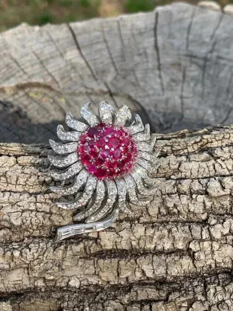 2.80Ct Round Cut Lab-Created Red Ruby Flower Brooch Pin 14K White Gold Plated