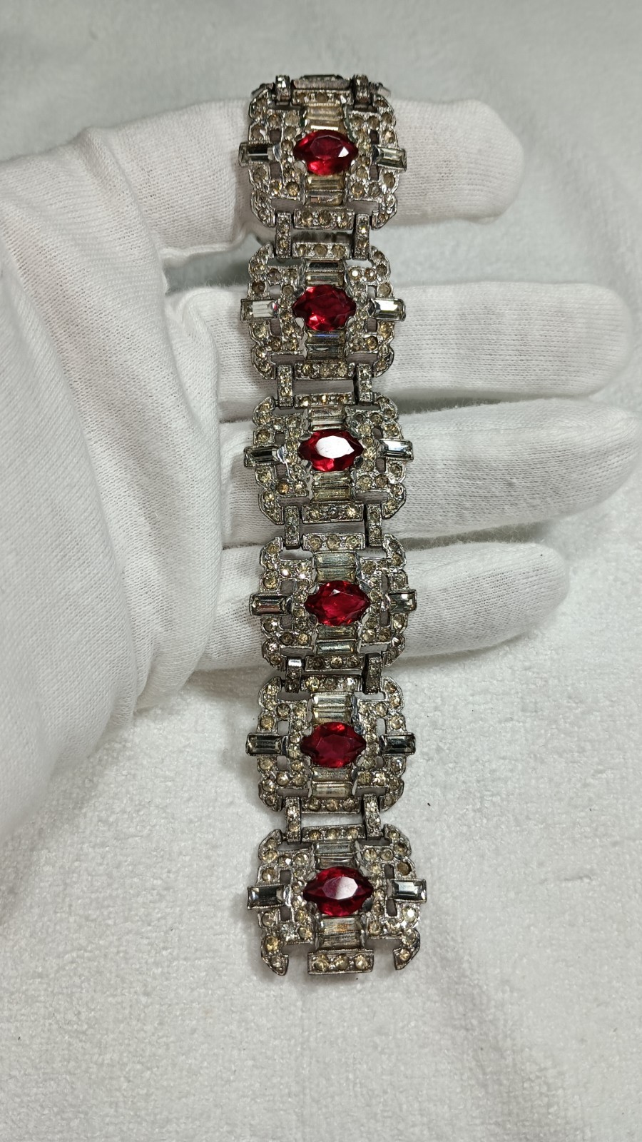 Art Deco Trifari Unsigned KTF Silver Tone Clear And Ruby Red Panel Bracelet 7 In