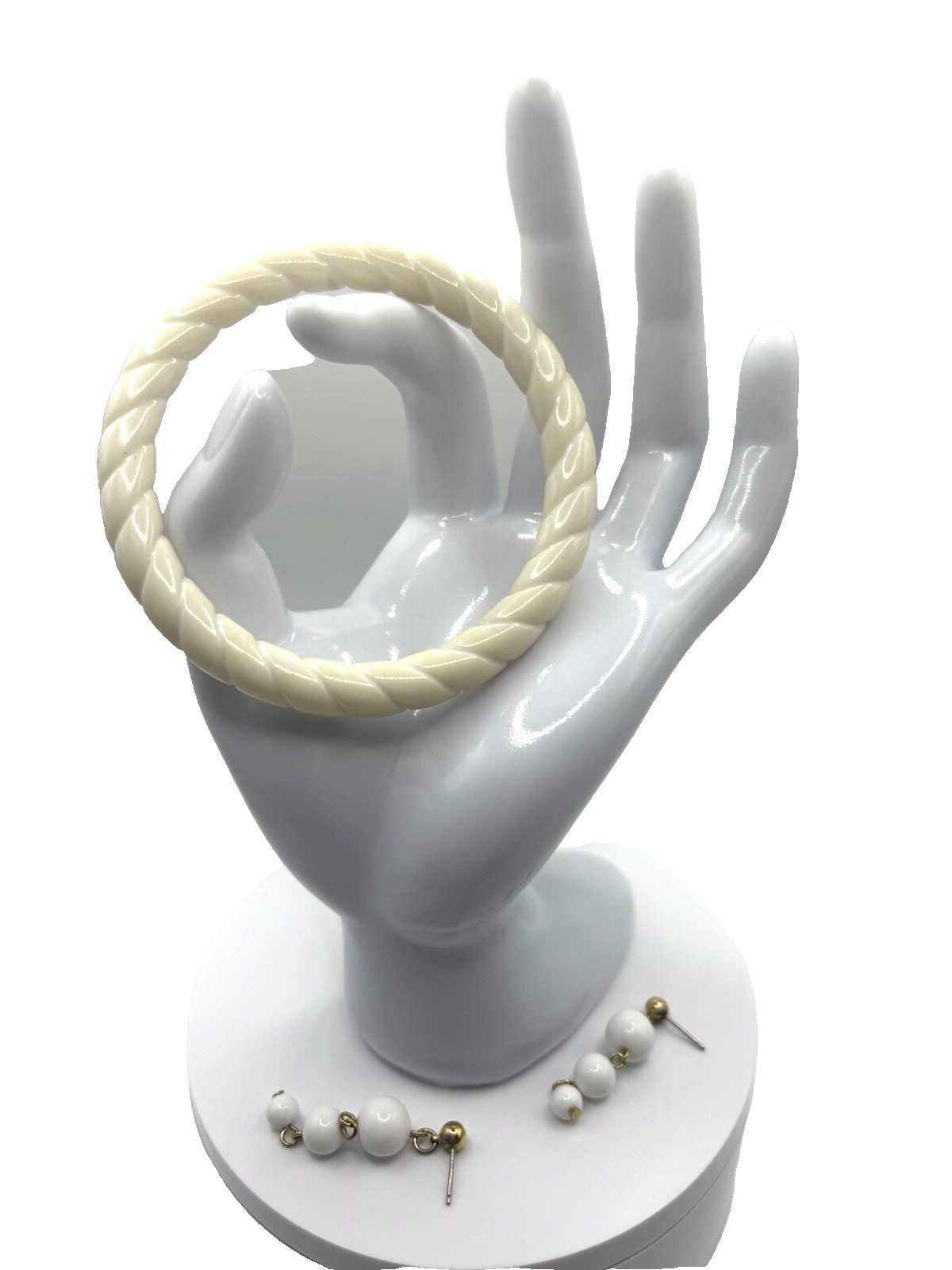 Vintage Plastic Beads Necklace Earrings & Bangle Cream Gold Tone J1-3028