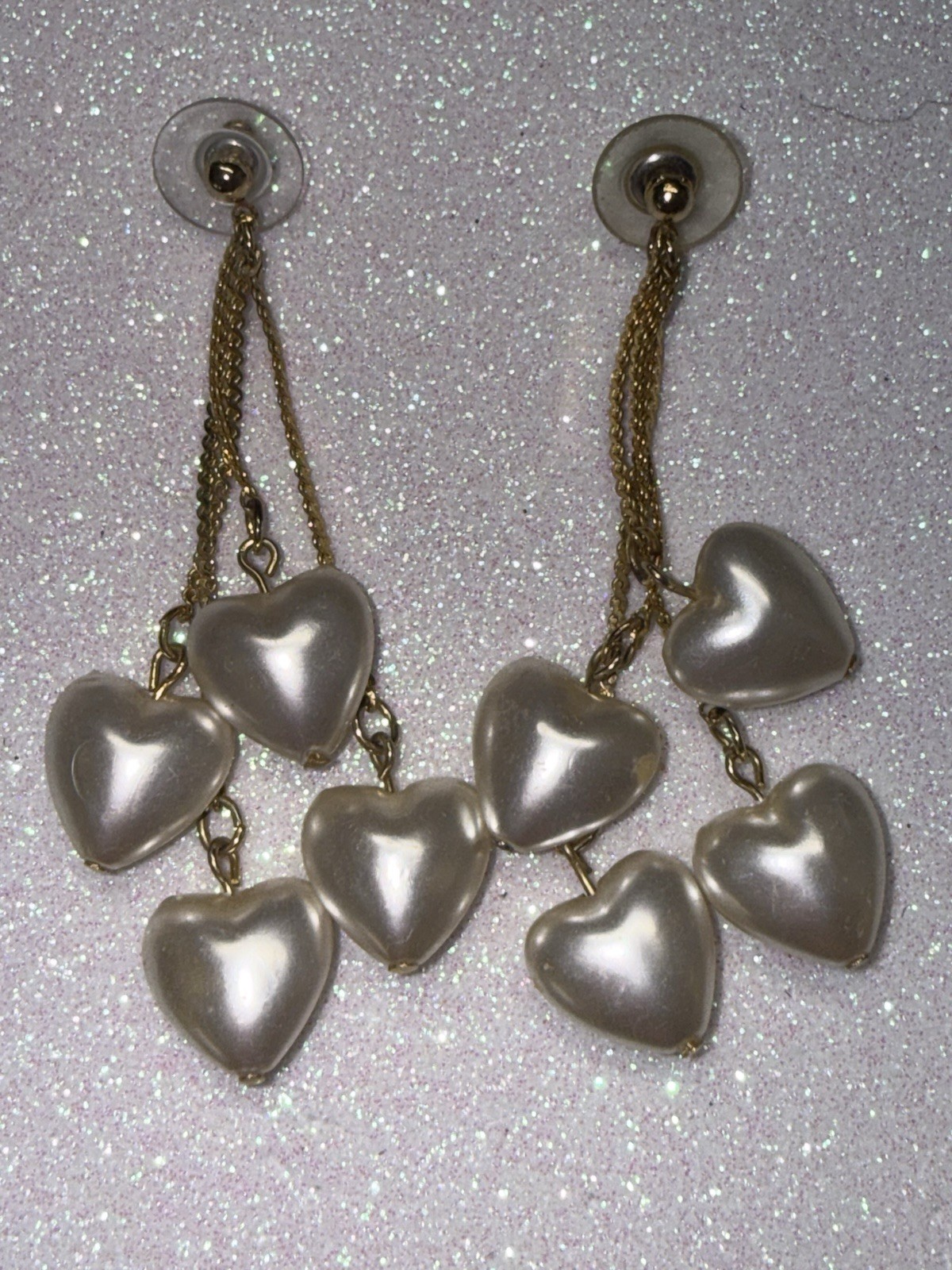 Vintage Four Heart Dangle Earrings Gold Tone Faux Pearl Pierced Post