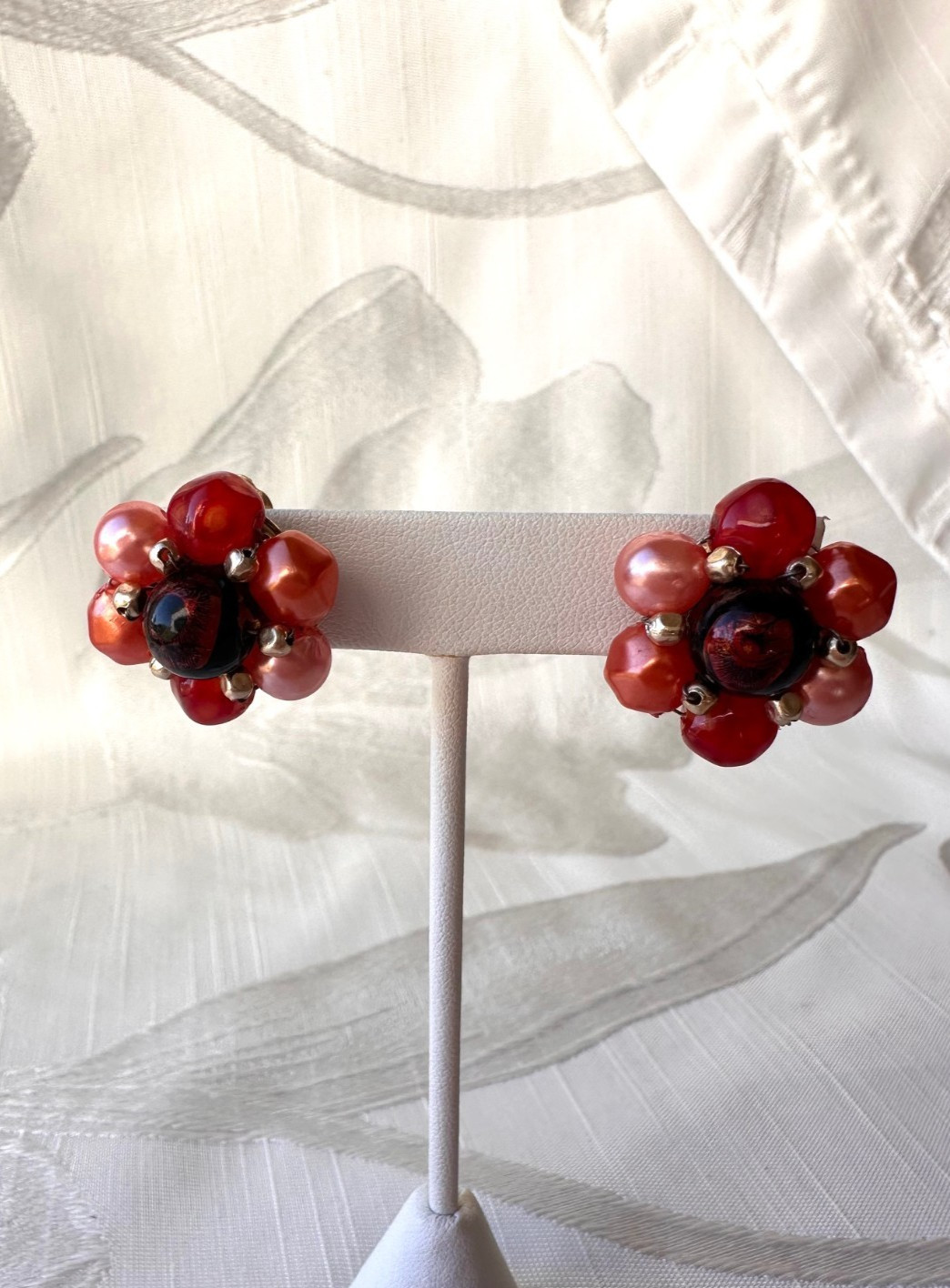 Vintage Green Tone JAPAN and Red Tone HONG KONG Beaded Clip On Earrings