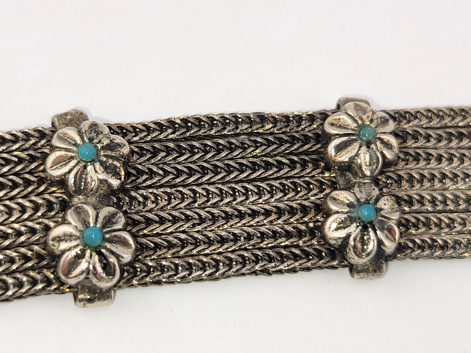 Vintage 7 Strand Snake Chain Turquoise Glass Flower Southwestern Bracelet 7-8.5″