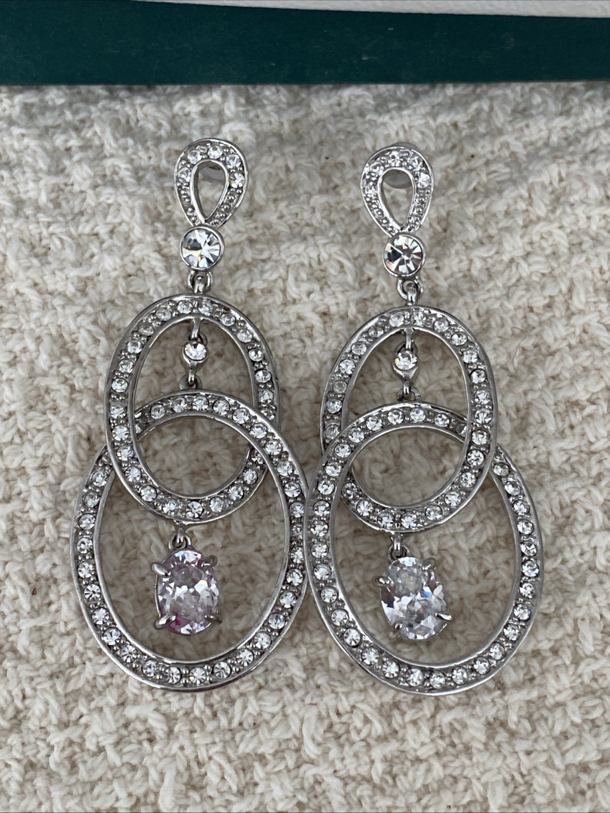 Vintage Nolan Miller Glamour Rhinestone Dangle Pierced Earrings 2 1/4”