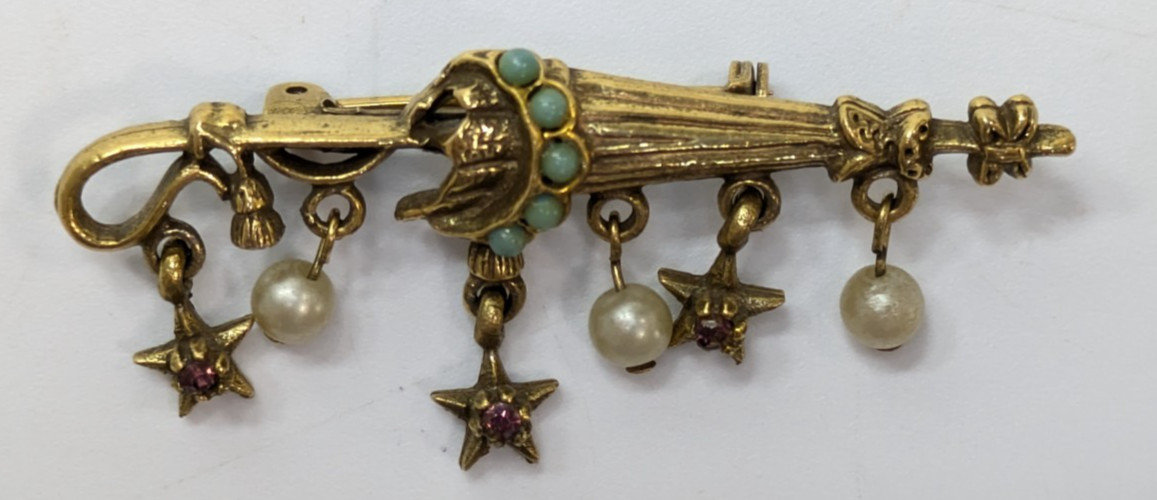 VTG Unsigned Florenza Purple Rhinestone Gold Tone Umbrella Stars Pearl Brooch 2″