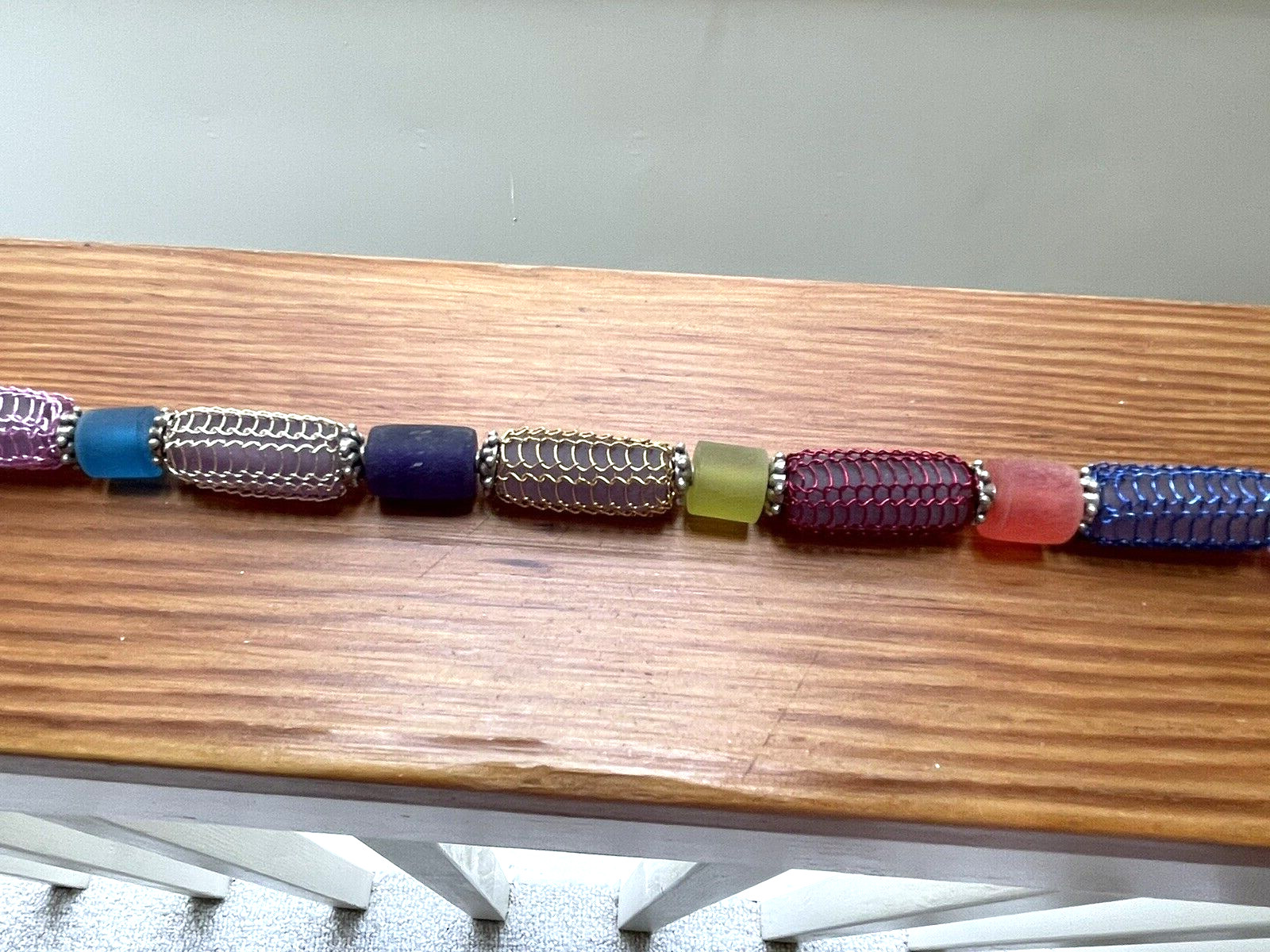 Vintage signed Artisan MK Micky Krunkle Caged Art Glass Beaded 19″ Necklace