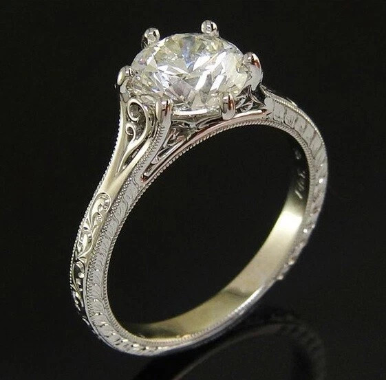 Art Deco Style Round Lab Created Diamond 14K White Gold FN Filigree Wedding Ring