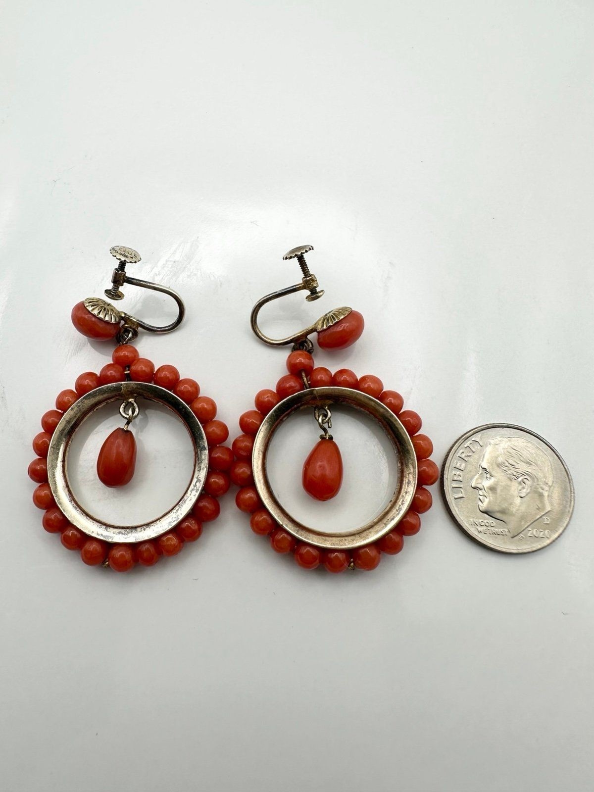 Antique Victorian 835 silver natural red coral screw back Earrings