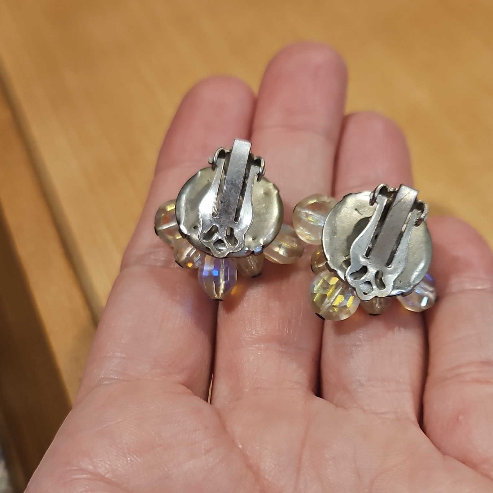 Vintage AB Crystal Flower Cluster Clip Earrings Heavy Glass Aurora Borealis