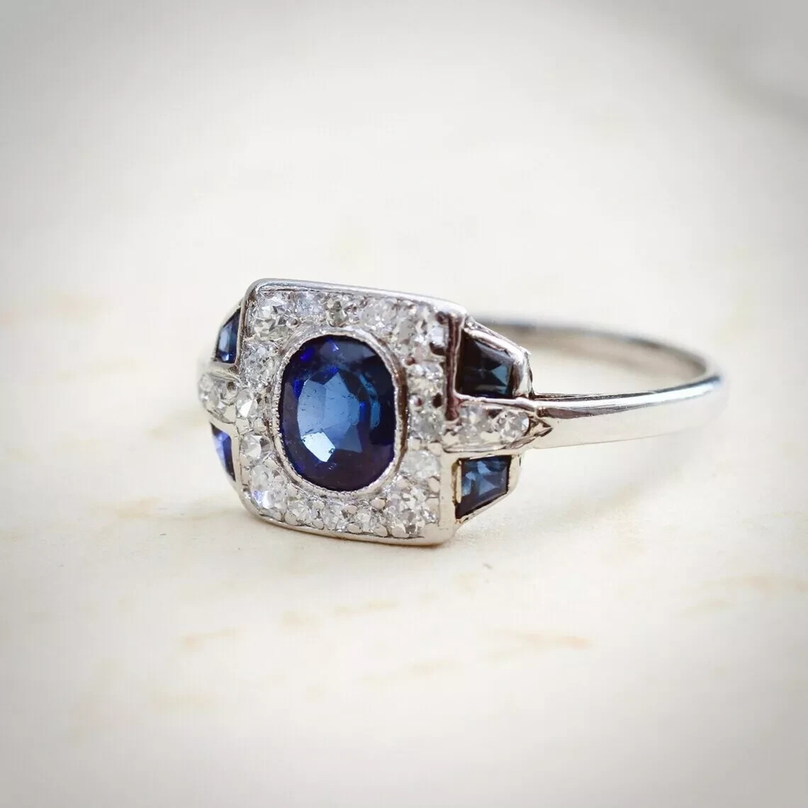 2.85Ct Art Deco Oval Cut Lab Created Sapphire Wedding 14K White Gold Finish Ring