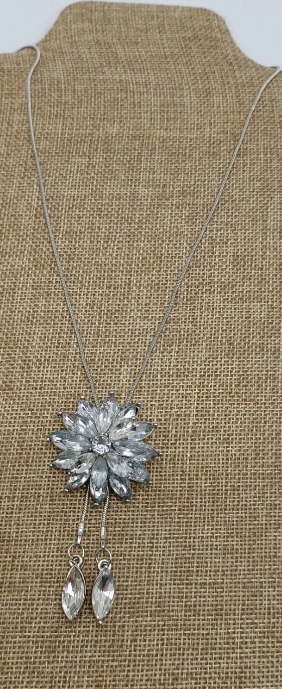 Clear Marquise Rhinestone Flower Silver Tone Lariat Slide Necklace Vintage