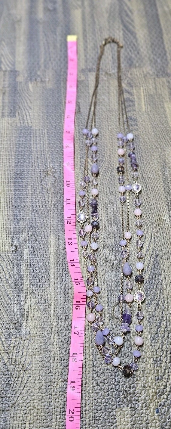 Long Layered Amethyst Chalcedony Crystal Bead Necklace Purple Pink Gold Tone