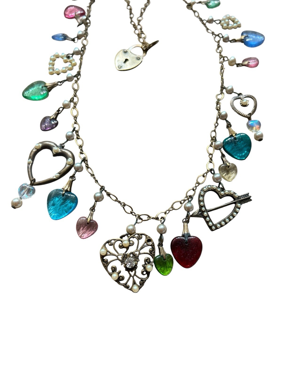 Vintage Signed Glassworks Studio Multi Charm Love Luck Fun Heart 27″ Necklace