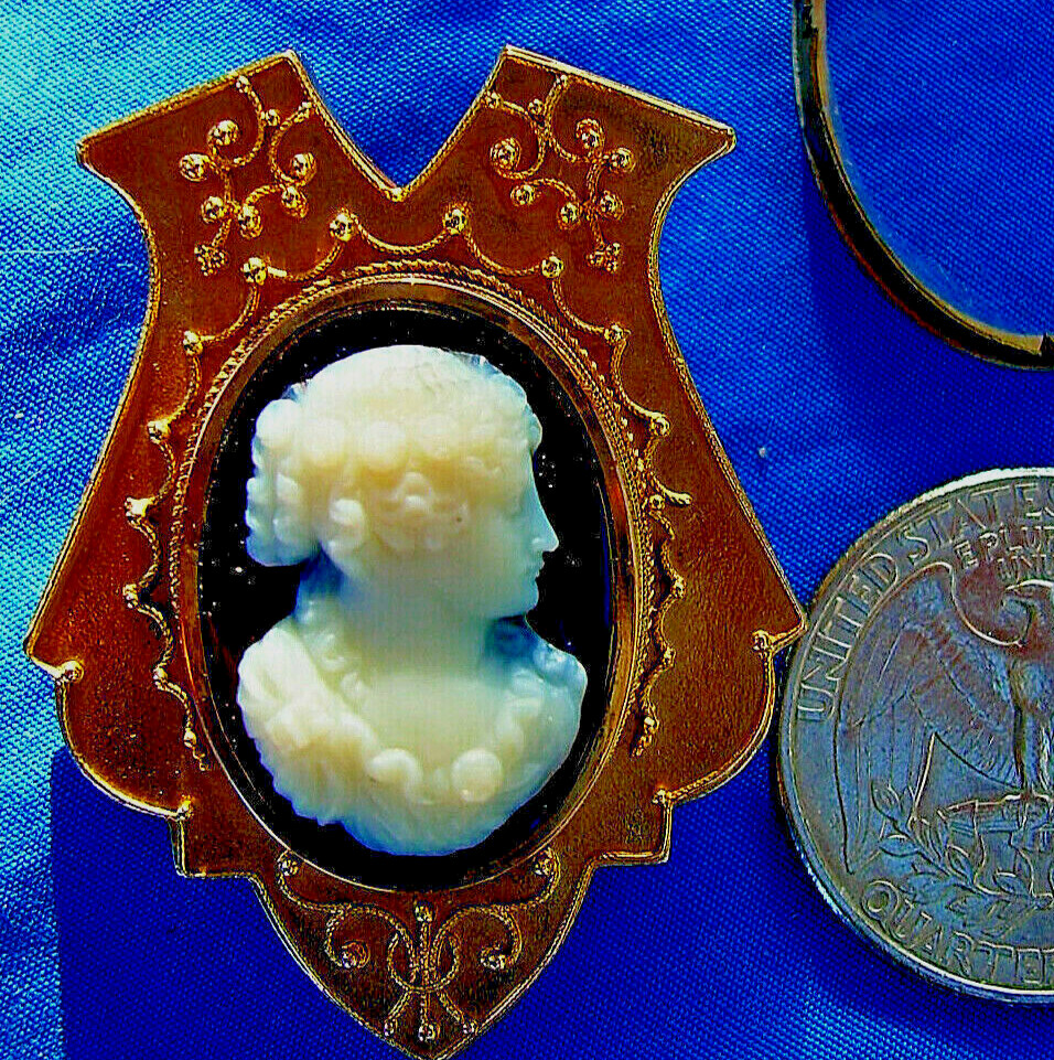 Victorian Memory Locket Brooch Antique 14K GOLD Deco HardStone Onyx Cameo Broach