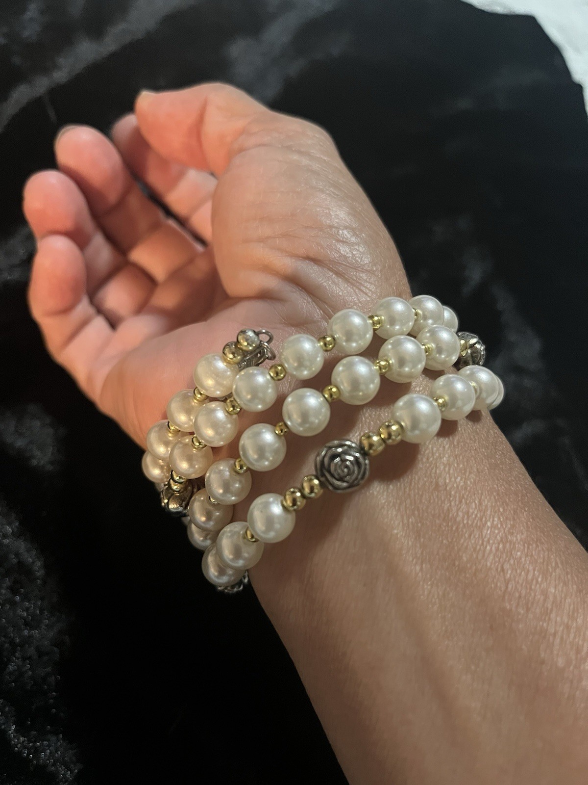 Vintage Faux Pearl Sterling Silver Coil Rosary Bracelet