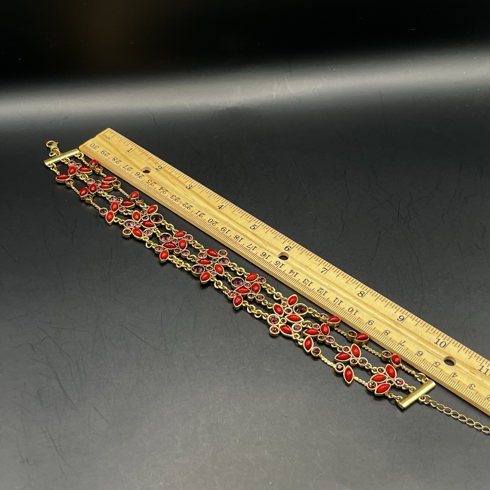 Pilgrim Danish Design Red Gold Tone W Purple Rhinestones Floral Choker Necklace