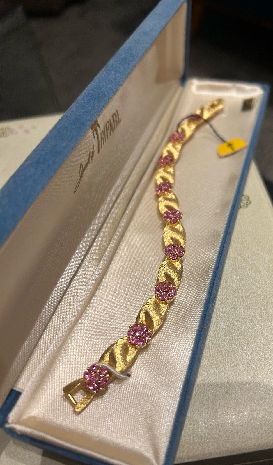NWT Original Box Crown Trifari October Birthday Gold Ribbon Pink Stone Bracelet