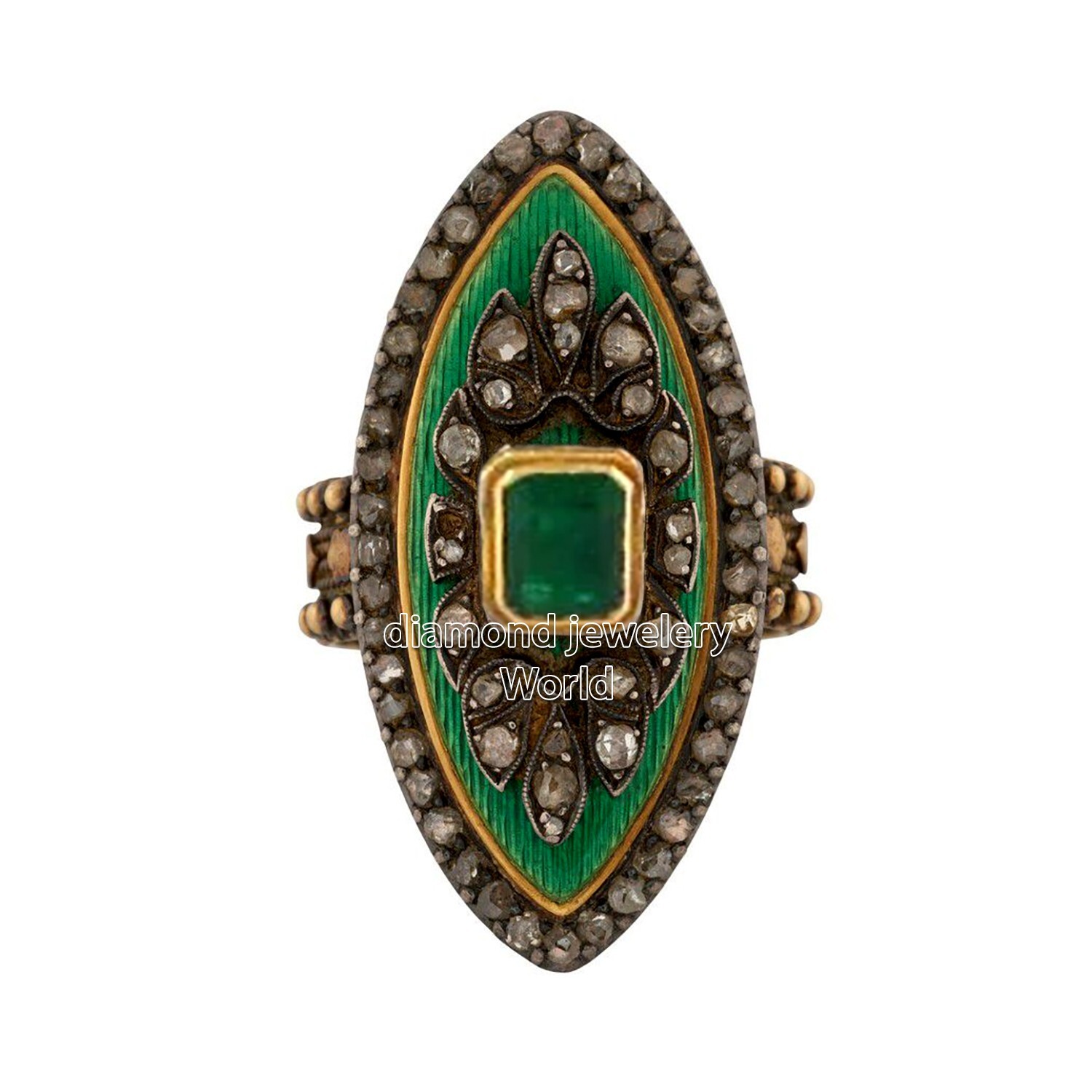 Gorgeous 1.61ctw Rose Cut Diamond Emerald Enamel Silver Victorian Ring Jewelry