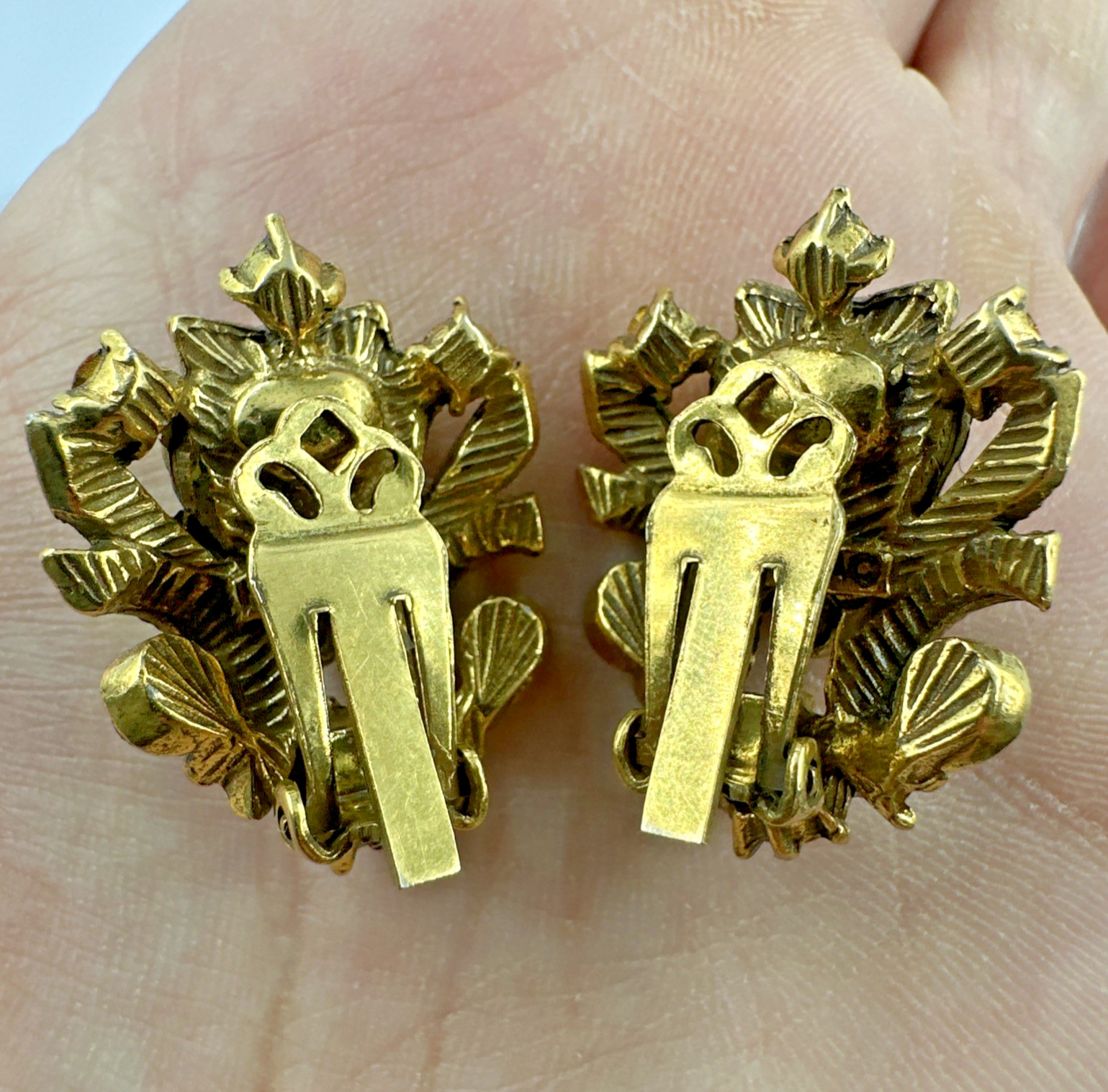 Vintage Florenza Aurora Borealis Earrings Gold Clip AB Rhinestone Art Glass