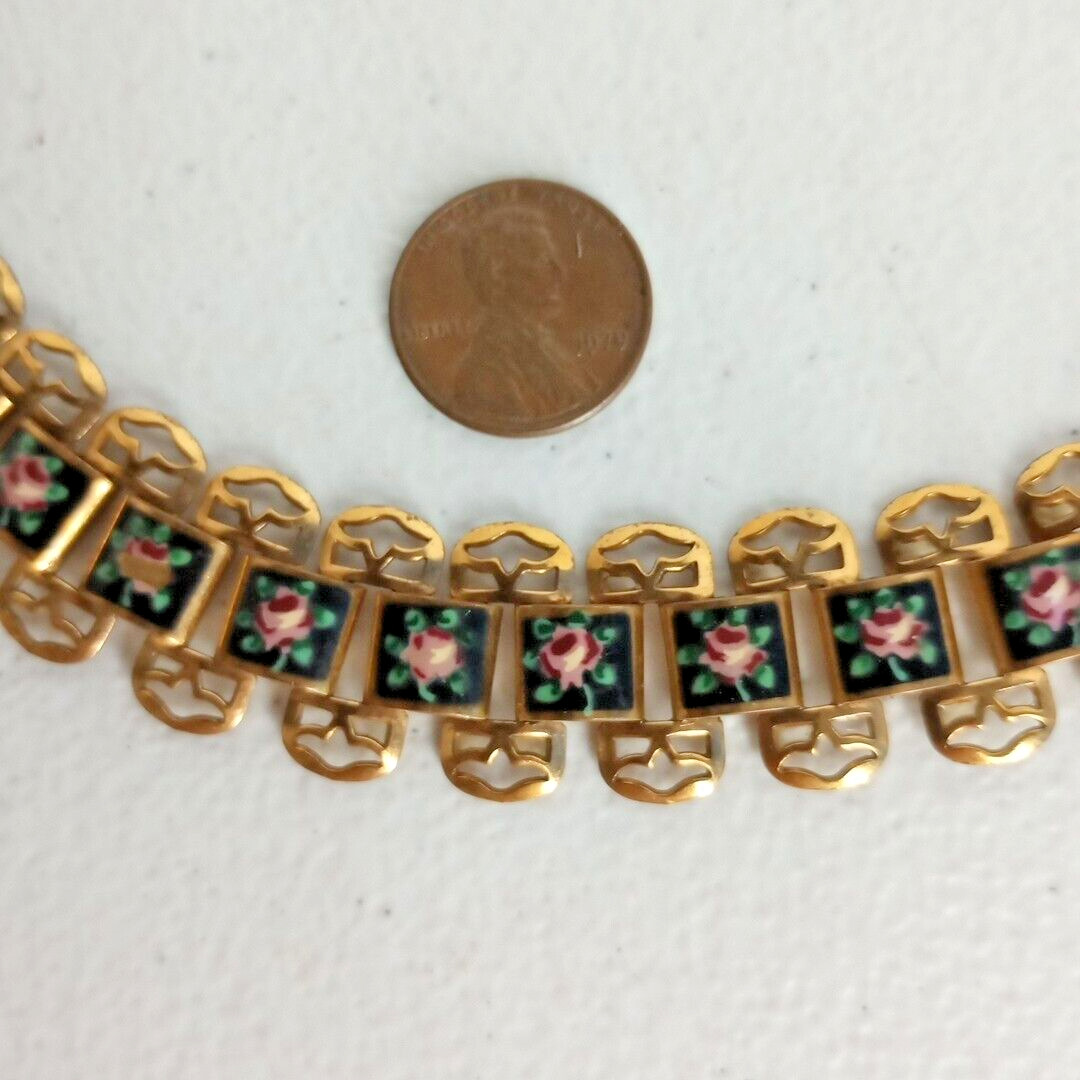 Vtg Gold Tone & Enamel Panel Necklace Choker Hand Painted Roses 15″ Unsigned EUC
