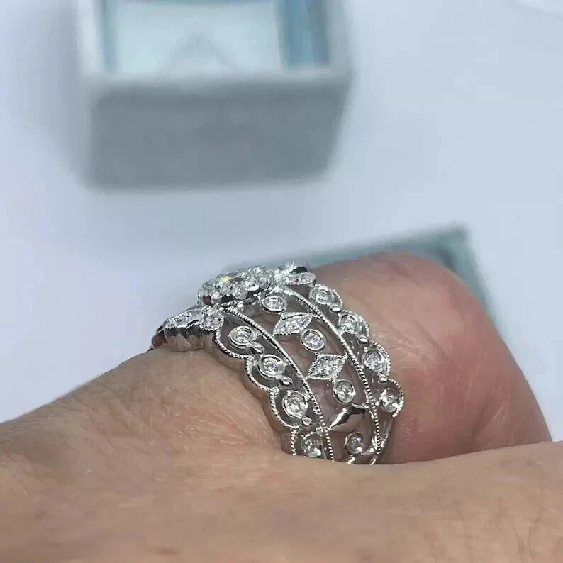 Art Deco Vintage Style Lab Created Diamond Engagement 14k White Gold Finish Ring