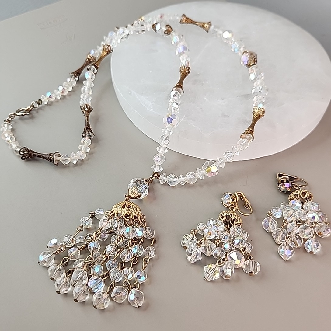 Vintage AB Glass Beaded Tassel Necklace Earrings Set Gold Tone Bar Links 26″