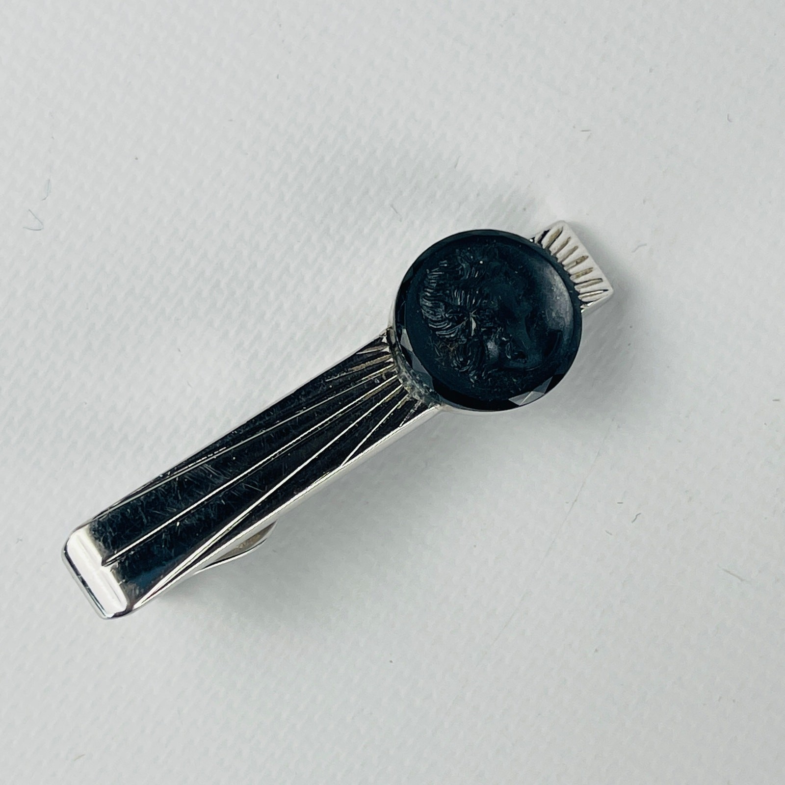 Vintage Black Cameo Head Silver Tie Bar Clasp 1 5/8”