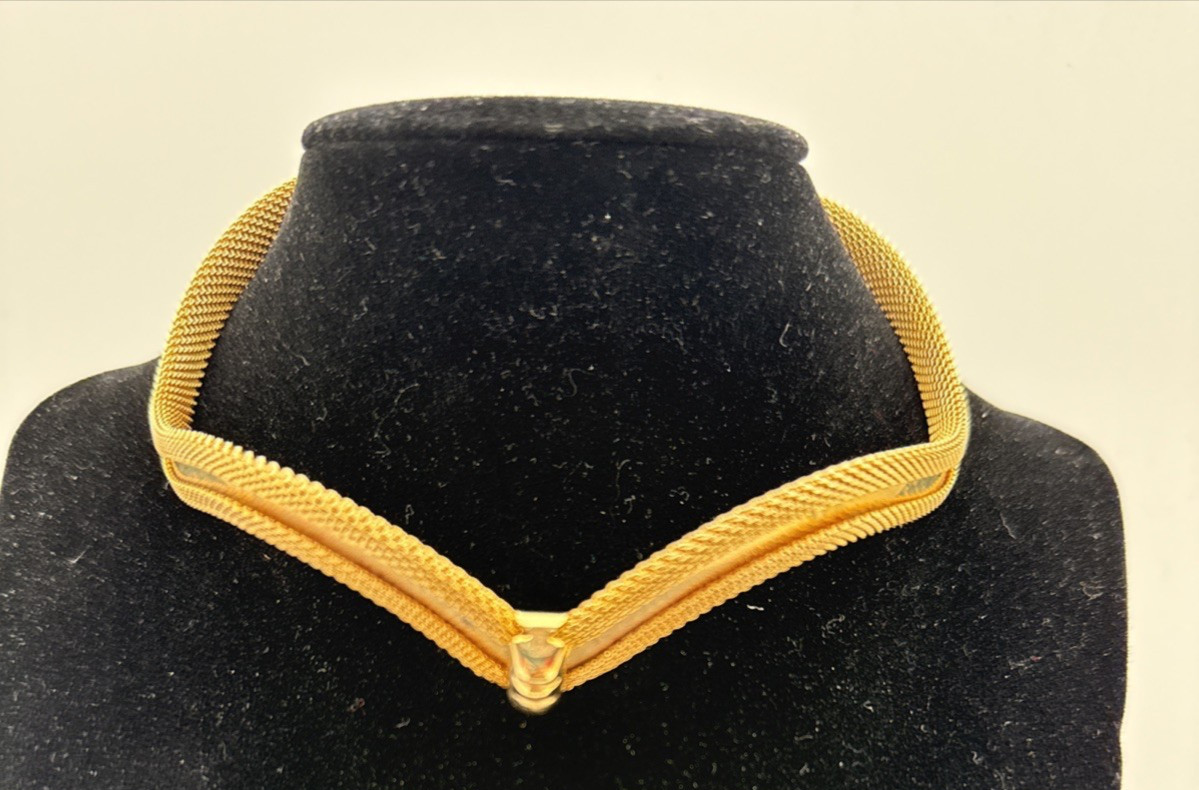 Vintage V Shaped Wire Choker Collar Gold Tone Mesh Necklace Rigid Choker