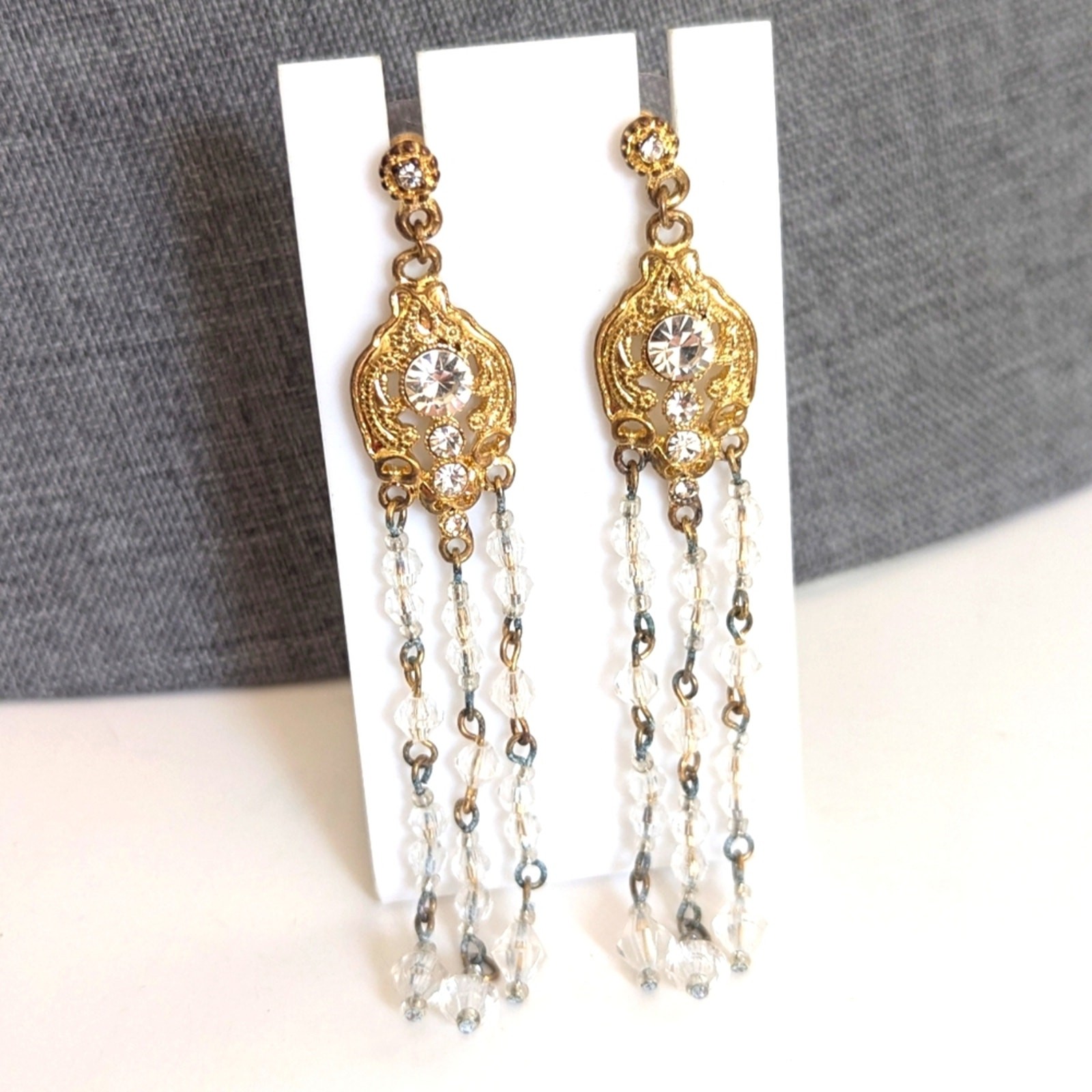 Trendy Bohemian Gold Tone Beaded Glam Rhinestone Chandelier Post Earrings