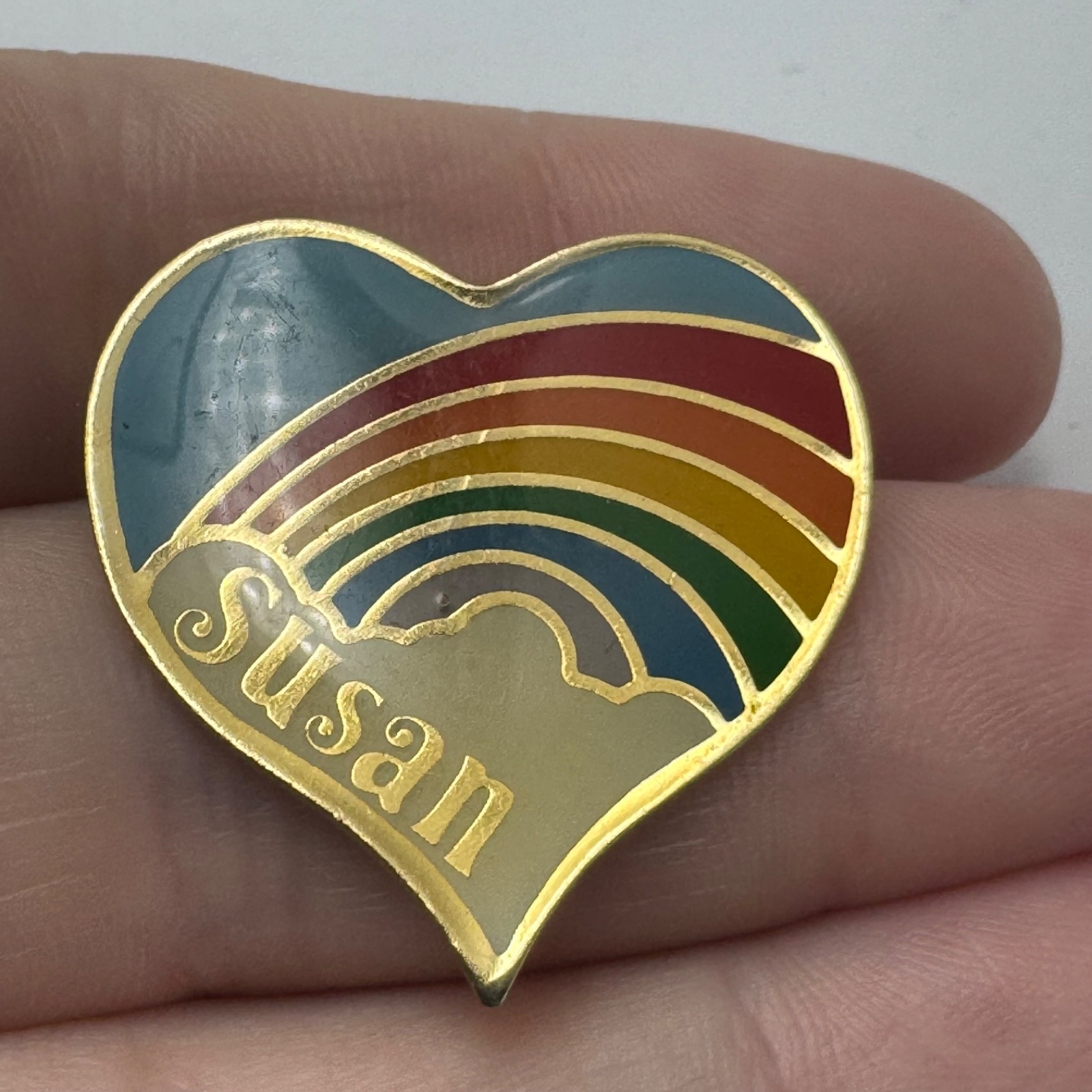 Susan Rainbow Heart Enamel Lapel Pin Gold Tone Personalized Vintage