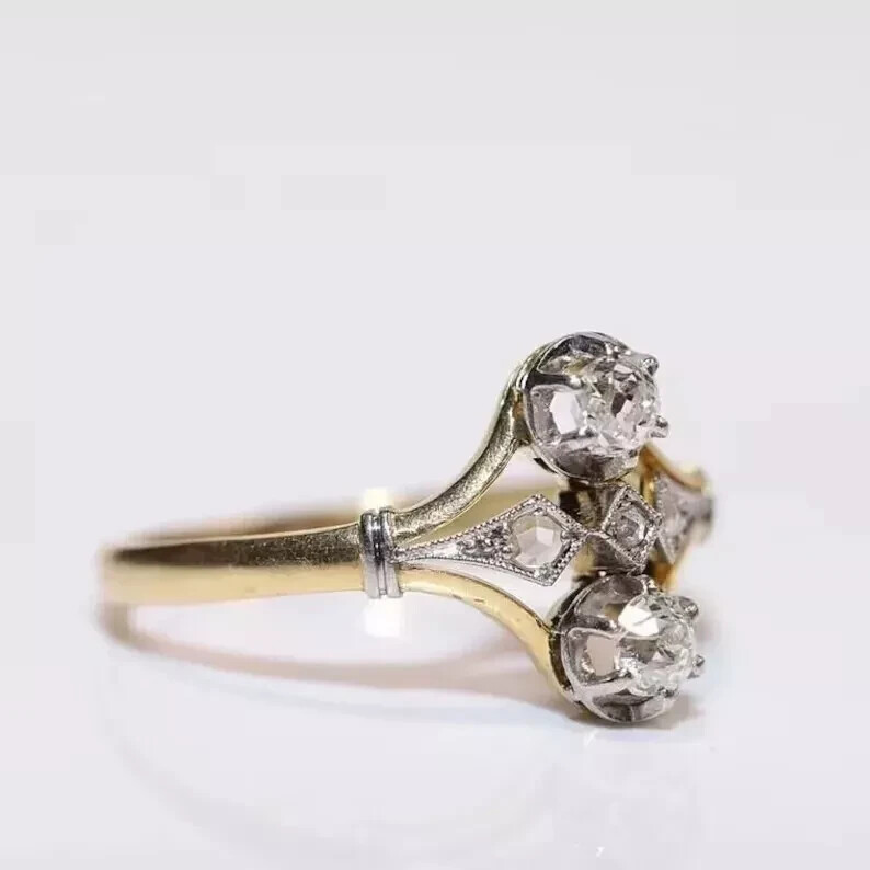 Art Deco Style Round Lab Created Diamond Engagement 14K Yellow Gold FN Ring