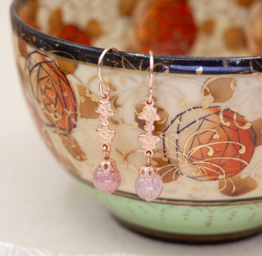 Vintage Style Rose Gold Floral Pink Czech Glass Earrings, Gift for Her, Daughter