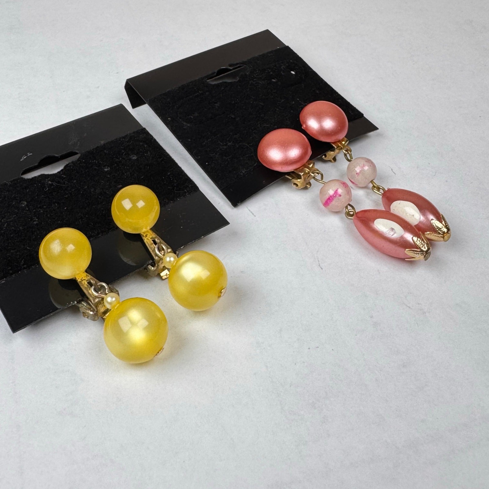 VTG Lucite Clip On Earrings Drop Dangle Hong Kong Japan Yellow Pink *set of 2*