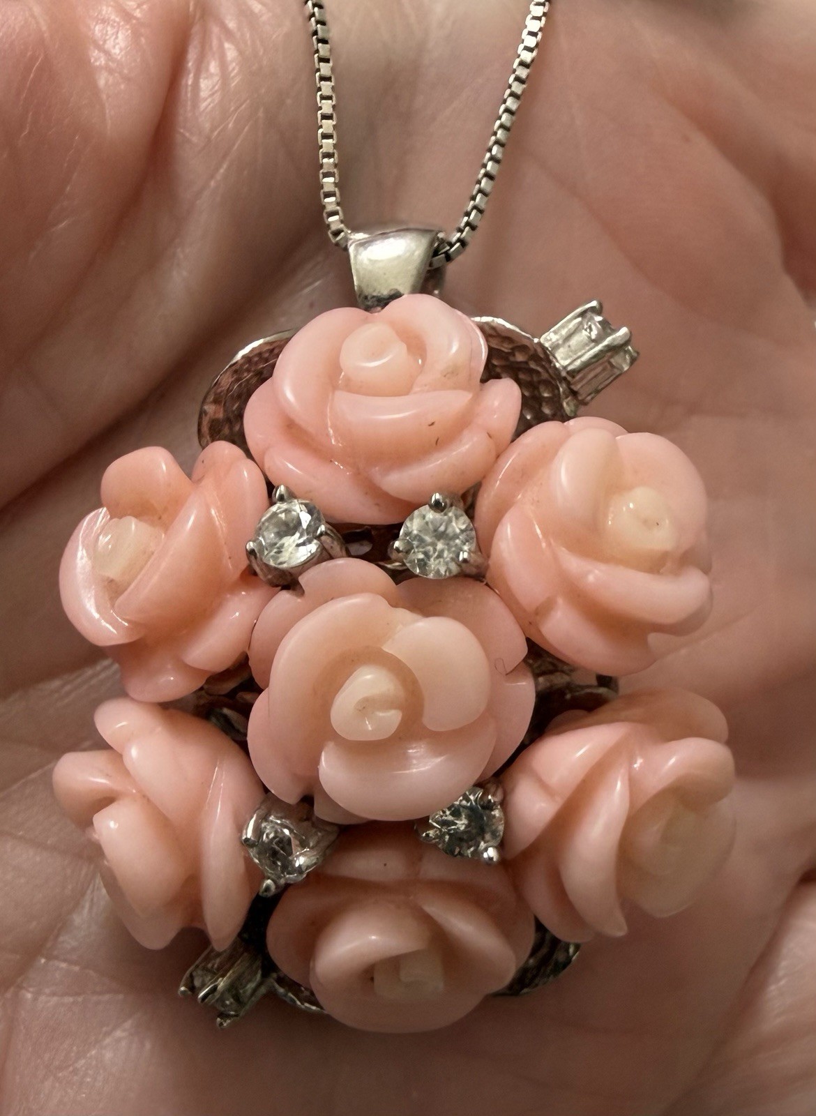 1990s Sterling Silver Angel Skin Coral Roses White Topaz Necklace Ring Sz 9 Set