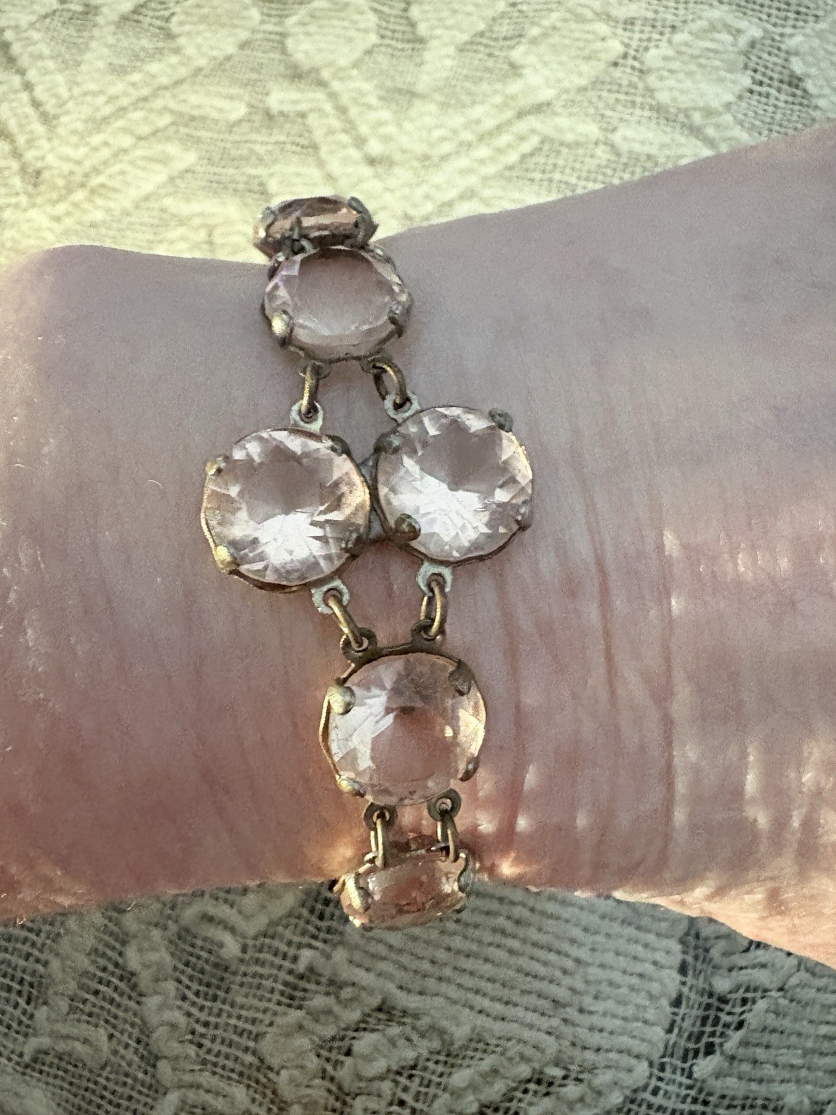 Antique Victorian Baby Pink Paste Bracelet Mixed Metals 7 Inches