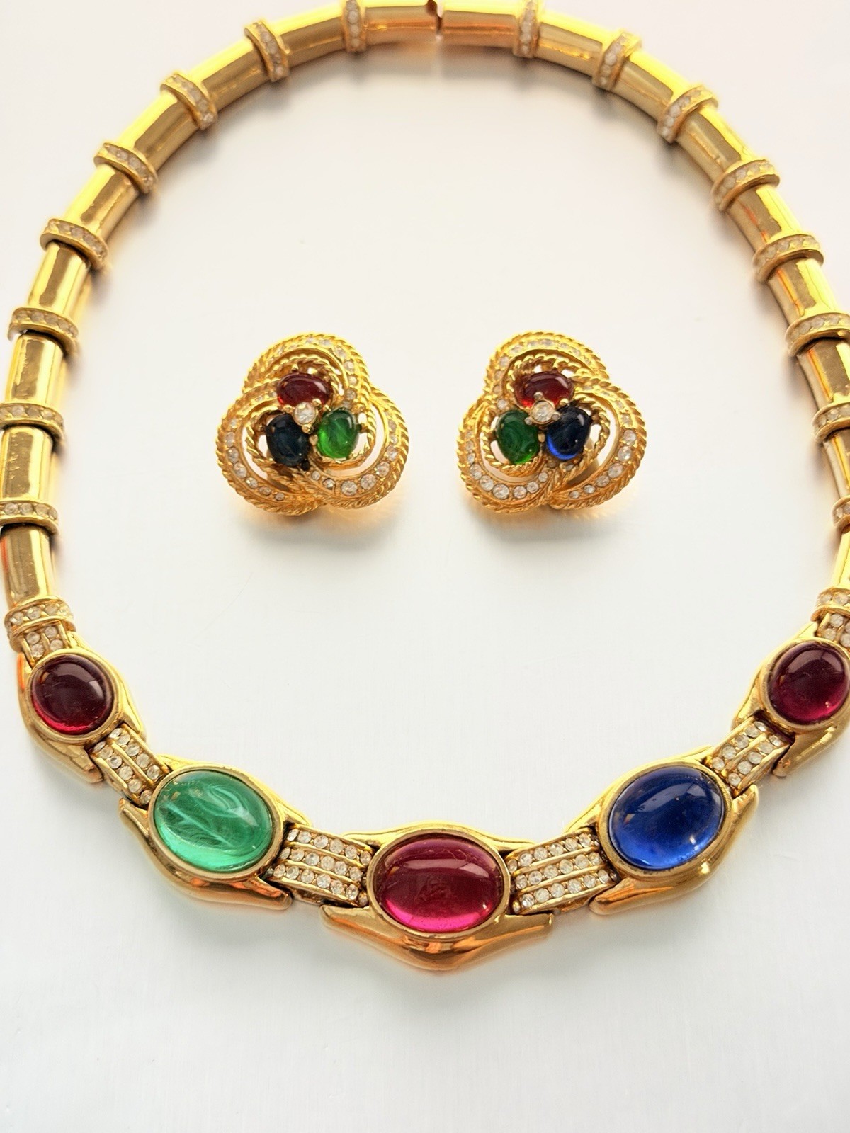 CINER 1980s Gold Tone Gripoix Cabochon Rhinestone Bar Link Necklace Earrings Set